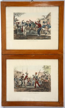 Coppia di stampe a colori raffiguranti soldati. In cornici (difetti)