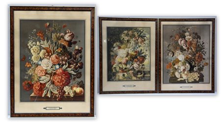Gruppo di tre riproduzioni a colori francesi raffiguranti trionfi floreale....