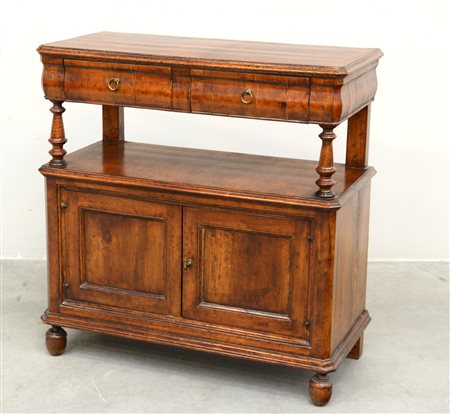 * Etagere a due ripiani con fascia superiore a due cassetti, montanti...