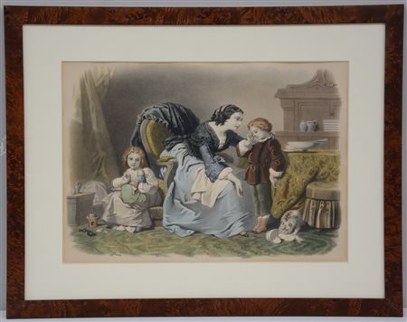 Litografia a colori raffigurante madre con bambini. In cornice
