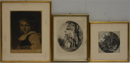 Lotto di tre piccole xilografie di soggetti diversi, in cornice (max cm 22x16,5)
