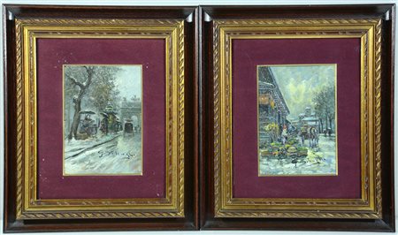 Lotto composto da due dipinti raffiguranti scorci di Milano ad olio su...