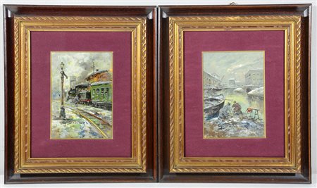 Lotto composto da due dipinti raffiguranti scorci di Milano ad olio su...