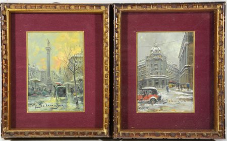 Lotto composto da due dipinti raffiguranti scorci di Milano ad olio su...