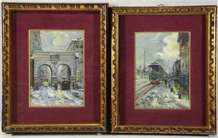 Lotto composto da due dipinti raffiguranti scorci di Milano ad olio su...