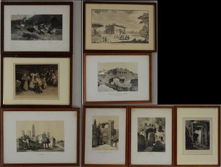Lotto composto da otto litografie raffiguranti paesaggi e soggetti diversi,...