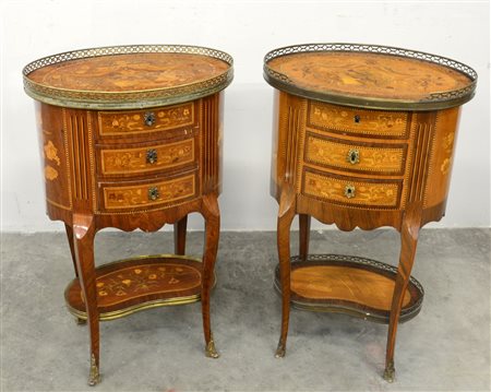 Due comodini a tamburo intarsiati e piano di raccordo, Francia, seconda met‡...
