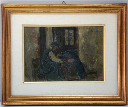 Firma indecifrata, "La ninna nanna" olio su compensato (cm 17x25) firmato in...