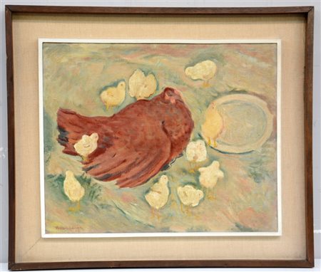 Montanari Giuseppe Osimo (1889- Varese 1976) "Chioccia", olio su cartone...
