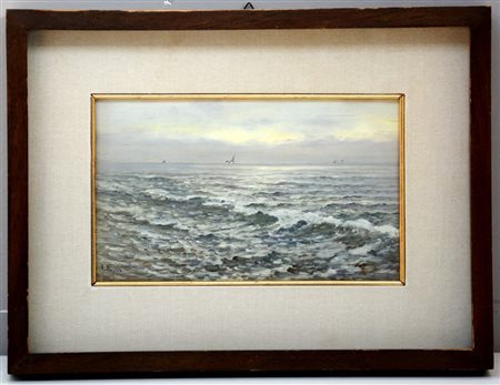 Scoppa, "Paesaggio marino con velieri" olio su compensato (cm 14x24) firmato...