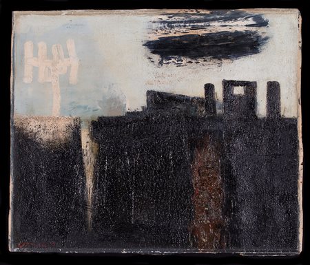 GIUSEPPE GUERRESCHI (1929-1985) Antenna, 1957 Olio su tela non intelaiata cm...
