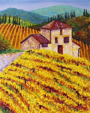 LORENA CASAGRANDE Caseggiato con vigneti, 2008 Olio su tela cm 30x24 Firma,...