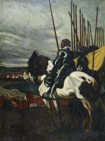 Pittore ungherese del '900 "Cavaliere nel bosco" cm. 122x92 - olio su tela...