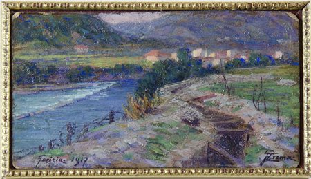 Giovan Battista Crema 1883-1964 "Paesaggio isontino" cm. 8x14 - olio su...