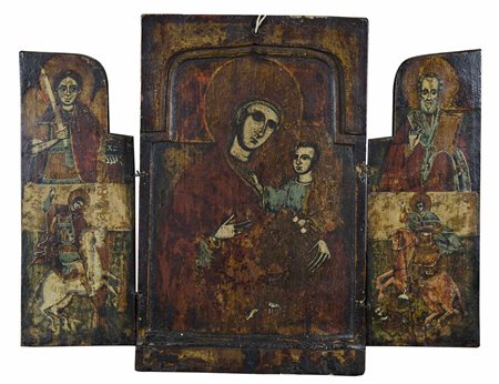 Maestro grego del XVII secolo "Madonna con bambino e santi" Trittico a...