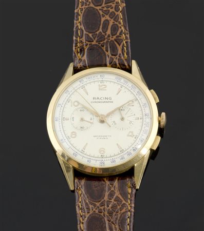 Racing: cronografo da polso con cassa rotonda in oro giallo.