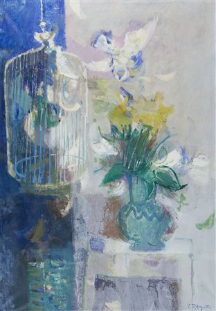 Pittore del XX secolo "Fiori e gabbietta" cm. 100x70 - olio su tela Firmato...