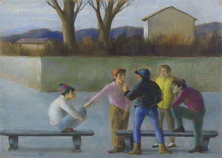 Nino Tirinnanzi 1923-2002 "Chiacchiere tra ragazzi" cm. 25x35 - tecnica mista...
