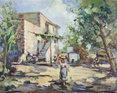 Franco Rispoli 1921-1989 "Lavandaia" cm. 40x50 - olio su cartone Firmato b. a s.