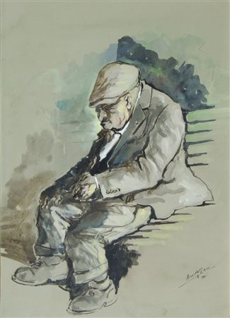 Eco Aniello 1919-2000 "Sulla panchina al parco" cm. 50x35 - acquerello su...