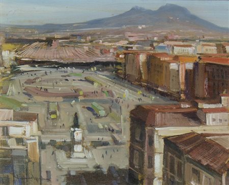 Vincenzo Aprile 1952 "Napoli, Piazza Garibaldi" cm. 25x30 - olio su faesite...