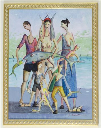 Gennaro Sardella 1950 "Allegoria della pesca" cm. 40x30 - olio su tela...