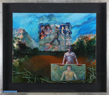 CARROLL ROBERT (n. 1934) Sisifo critico d'arte. . Olio su tela . Cm 54,00 x...