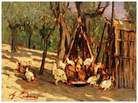 GIOVANNI LOMI Ardenza 1889 – Ardenza 1969 Polli e galline 1940 ca. Olio su...