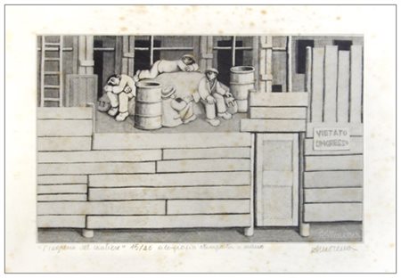 ALBERICO MORENA Gubbio 1926 L’ingresso nel cantiere 1973 Xilografia stampata...