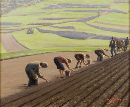 Vittorio Casetti LA SEMINA - Olio su tavola, cm 47,5x38 ,Firmato "V.Casetti"...