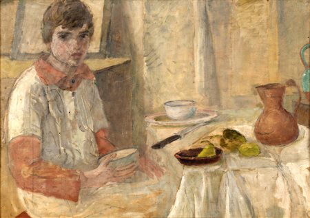 Pio Semeghini LA COLAZIONE - Olio su tavola, cm 45x62, Firma al retro "Pio...