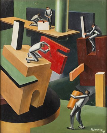 Ivo Pannaggi I COSTRUTTORI - Olio su cartone, cm 49,7x39,7, Firmato e datato...