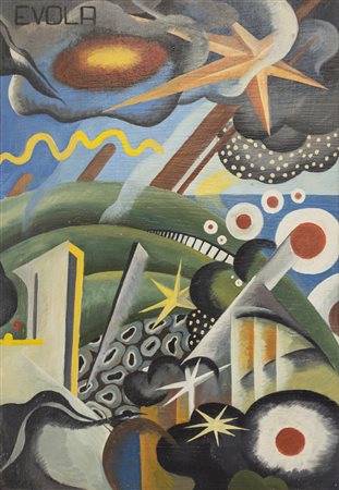 Julius Evola COMPOSIZIONE - Olio su cartone, cm 48,6x34, Firmato "Evola" in...