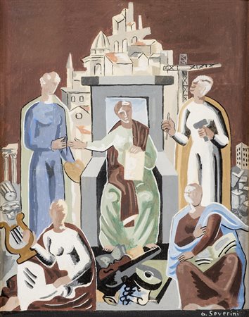 Gino Severini BOZZETTO LE ARTI - Tecnica mista tempera su carta applicata su...