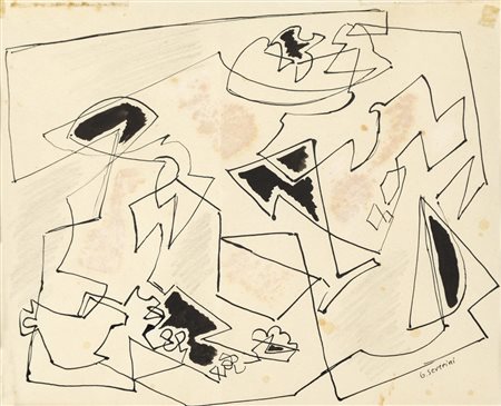 Gino Severini NATURA MORTA ASTRATTA CON GRAPPOLO D'UVA - China, Matita e...