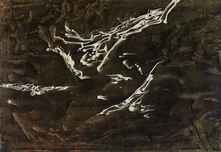 Gianni Dova COMPOSITION - Tempera su carta applicata su tavola, cm 70x100,...