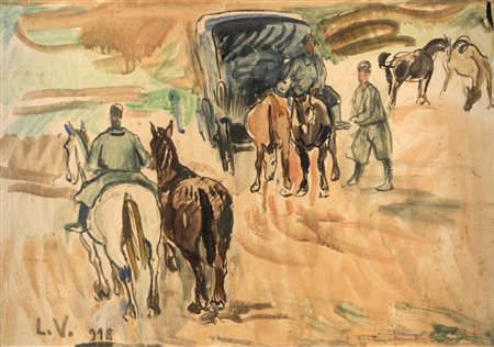 Pittore del XX secolo SCENA CON CAVALLI E SOLDATI - Tecnica mista su carta,...