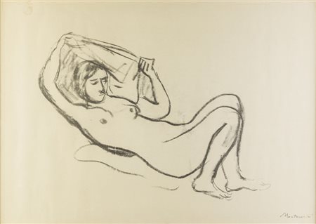 Luigi Montanarini NUDO DI DONNA DISTESA - Disegno a carboncino su carta, cm...