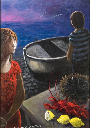 Eliano Fantuzzi BARCA CON PERSONAGGI - Olio su tela, cm 70x50 Firmato in basso.