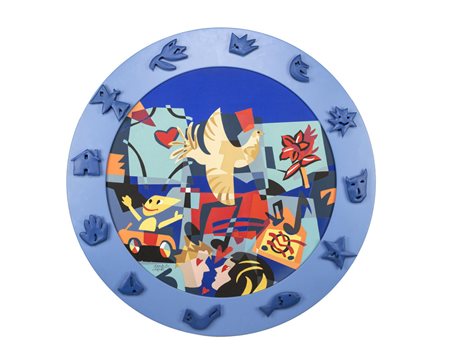 Ugo Nespolo COMPOSIZIONE CON COLOMBA - Multiplo, Diametro cm 100, Firma in...