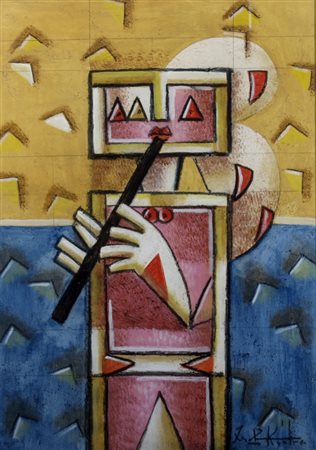 KODRA IBRAHIM (Tirana 1918) "Suonatore" Tempera su carta intelata cm. H:...