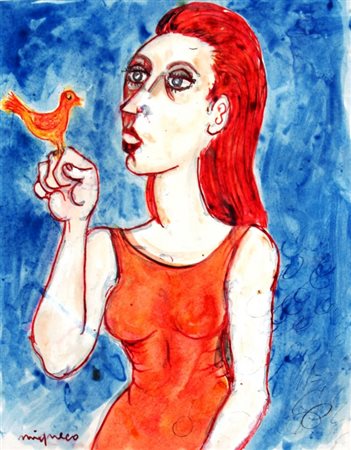 MIGNECO GIUSEPPE (Messina 1908 - Milano 1997) "Figura con uccellino" China...