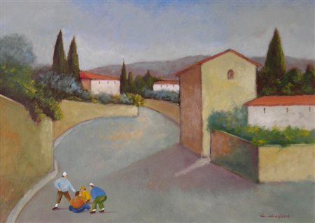 GAGLIARDI GIUSEPPE PAESAGGIO TOSCANO CON RAGAZZI OLIO SU CARTONE cm 50 x 70...