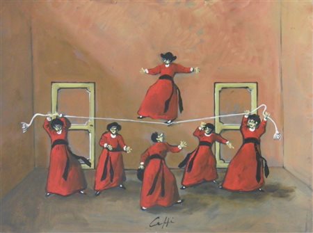 CAFFE' NINO ALFEDENA 1909 PESARO 1975 PRETINO SULLA FUNE, 1968 OLIO SU TAVOLA...