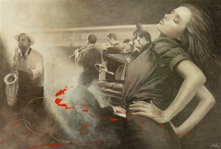 BELLINI GIOVANNI JAZZ ME BLUES TECNICA MISTA SU TAVOLA cm 50 x 74 Firma in...