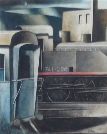 SCUFFI MARCELLO TIZZANA 1948 LA LUNA SUI TRENI OLIO SU TELA cm 50 x 40 Firma...
