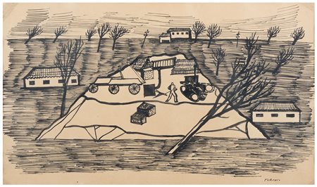 GIULIO TURCATO Mantova 1912 - Roma 1995 Paesaggio di campi con trattori 1940...