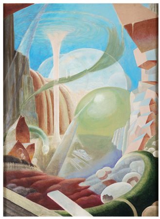 STEFAN ISTVAN FALK 1914 - 1986 Città futurista Olio su tela cm 135 x 102...