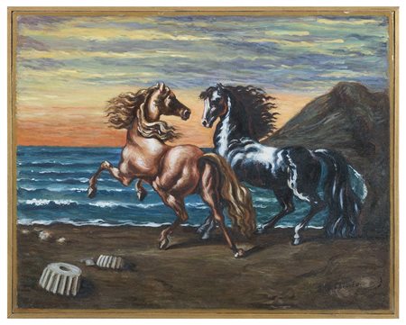GIORGIO DE CHIRICO Volos 1888 - Roma 1978 Cavalli in riva al mare 1942 Olio...
