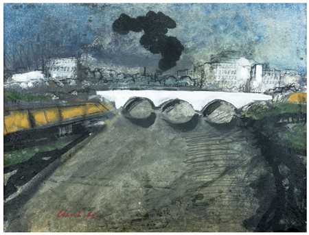 PITTORE XX SECOLO Ponte sul Tevere 1962 Acquarello su carta cm 50 x 70 Firma...